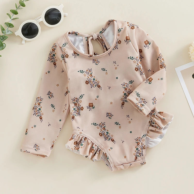 Baby/Toddler Girl Swimsuits Floral Print Long Sleeve Ruffles Jumpsuit Swimwear Beachwear Bathing Suits