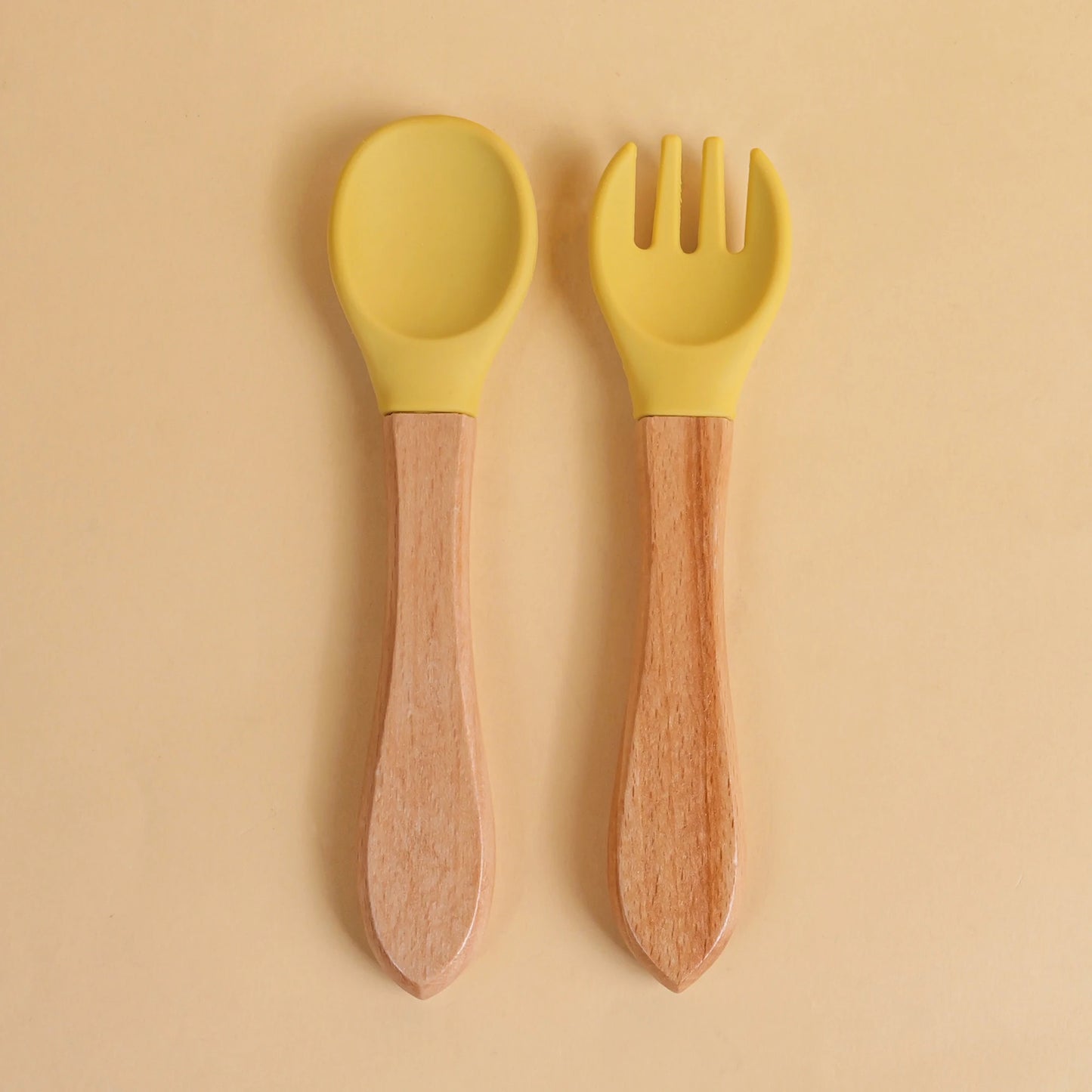 2pcs/set Tableware Baby Spoon Fork Set Children's Silicone Wooden Feeding Training Baby Dinnerware Cutlery Baby Feeding Supplies
