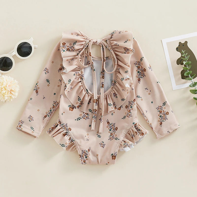 Baby/Toddler Girl Swimsuits Floral Print Long Sleeve Ruffles Jumpsuit Swimwear Beachwear Bathing Suits