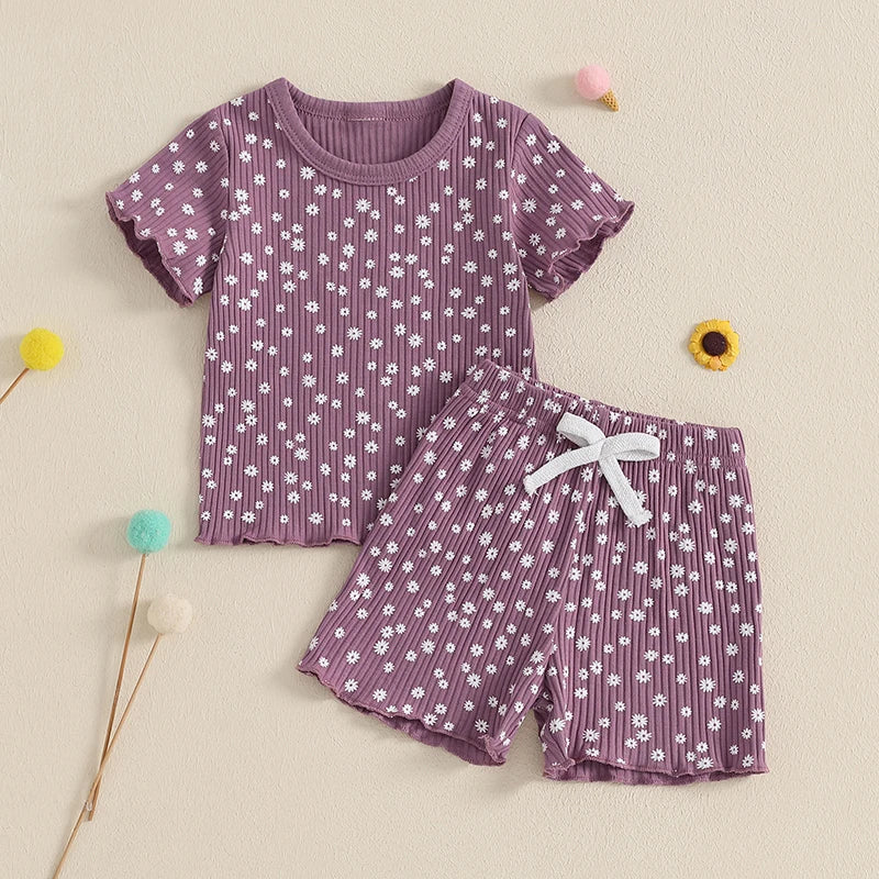 Summer Girls Shorts Set Short Sleeve T-shirt Shorts Floral Outfit Casual Clothes