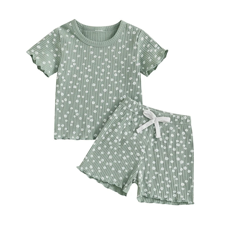 Summer Girls Shorts Set Short Sleeve T-shirt Shorts Floral Outfit Casual Clothes