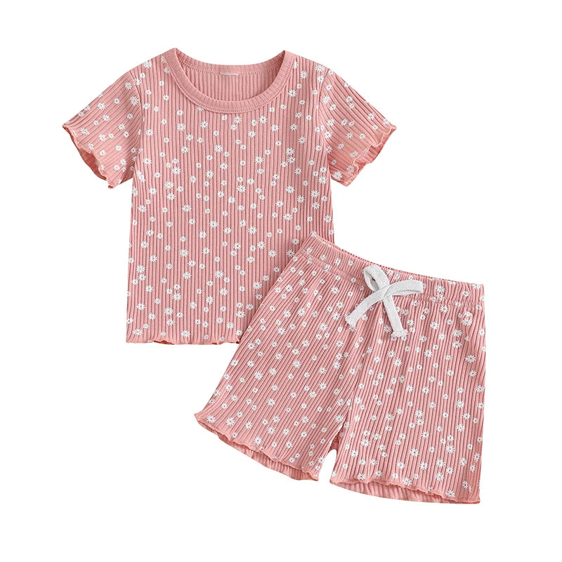Summer Girls Shorts Set Short Sleeve T-shirt Shorts Floral Outfit Casual Clothes
