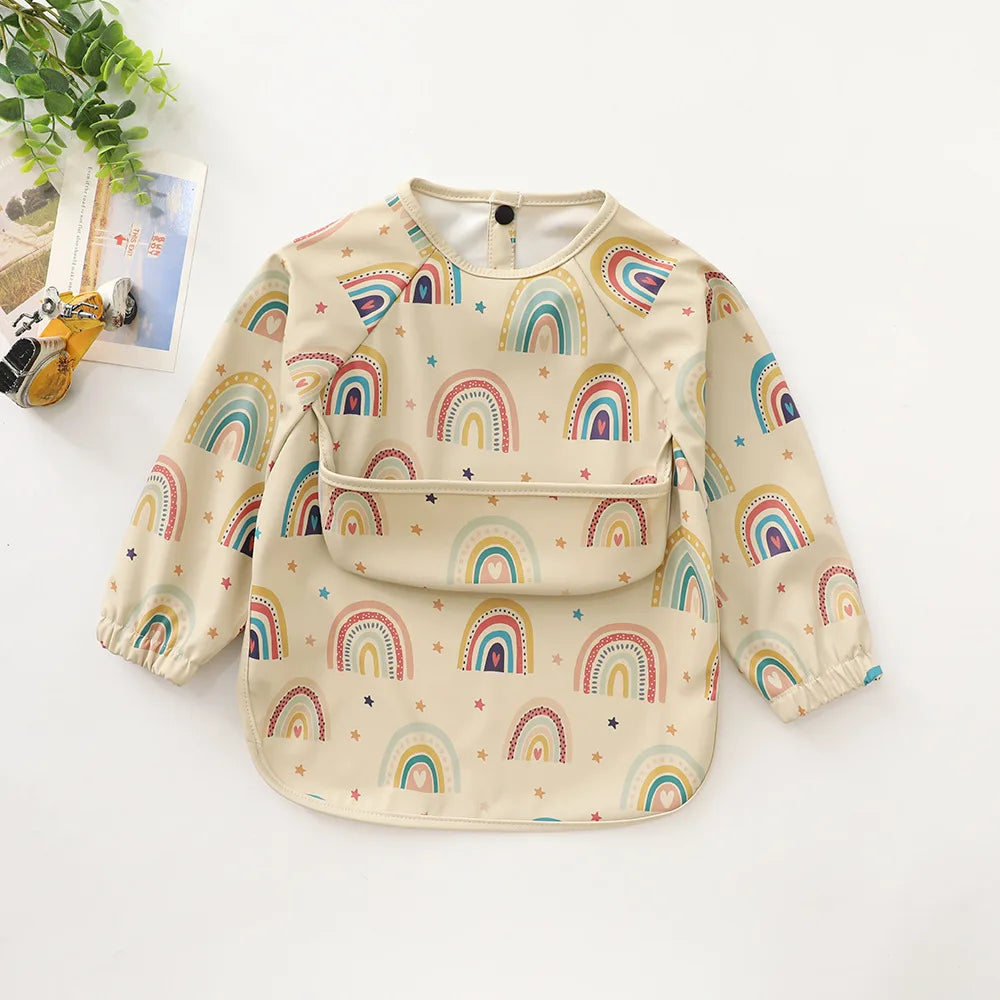 Children Feeding Aprons Long Sleeve Baby Bib With Pocket Full Cover Gown With Bag Waterproof Long-Sleeve Smock