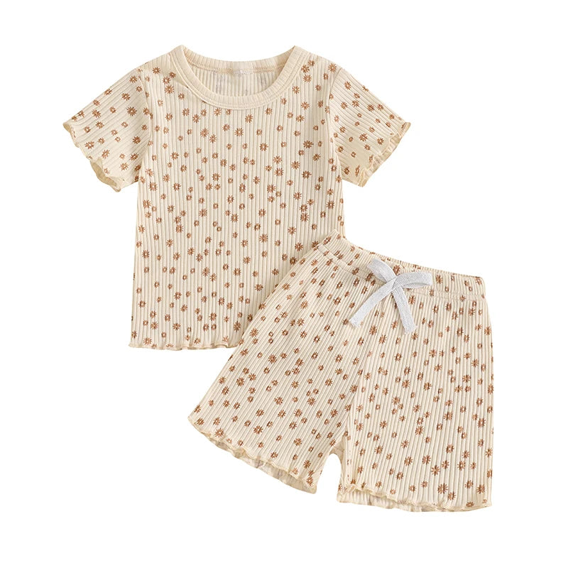 Summer Girls Shorts Set Short Sleeve T-shirt Shorts Floral Outfit Casual Clothes