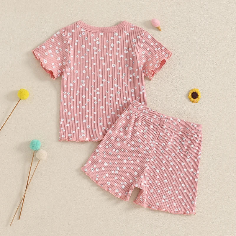 Summer Girls Shorts Set Short Sleeve T-shirt Shorts Floral Outfit Casual Clothes