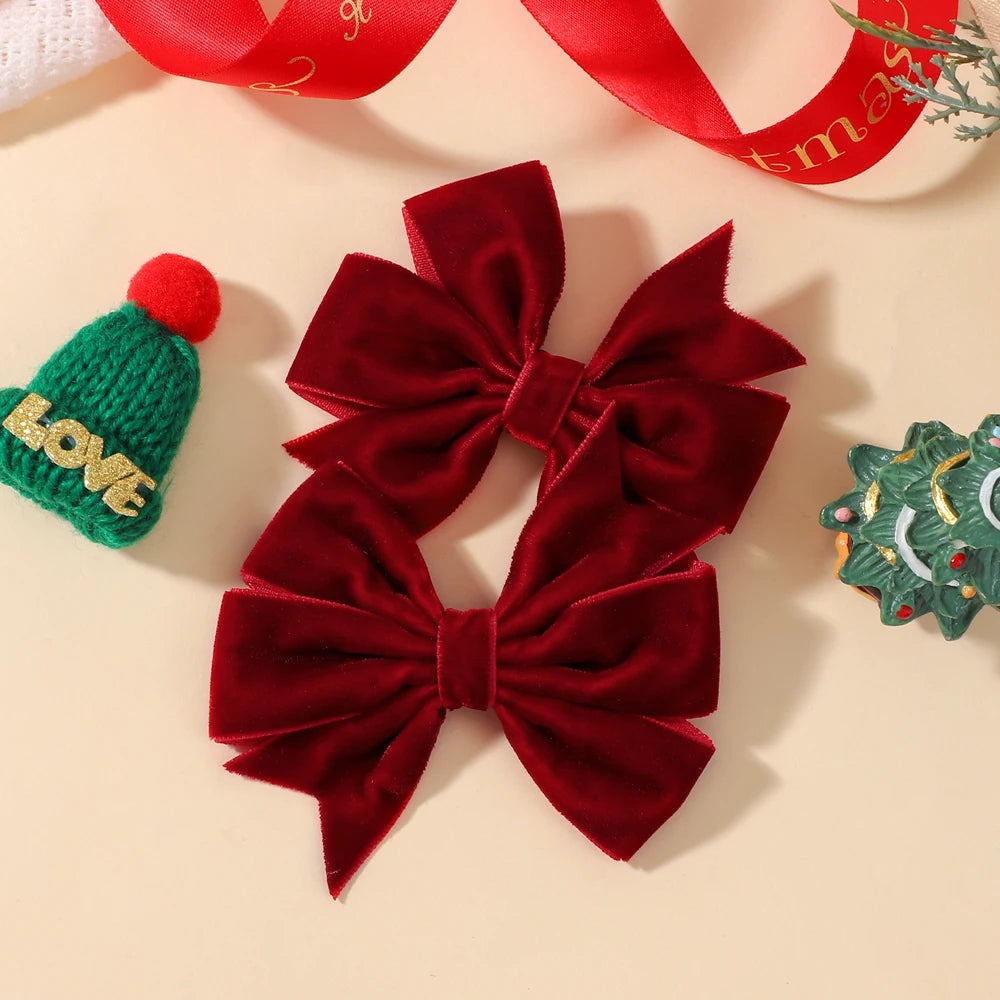 2pcs/set Handmade Velvet Bow Hair Clips for Baby Girls Vintage Christmas Red Green Bowknot Hairpins Barrette Hair Accessories