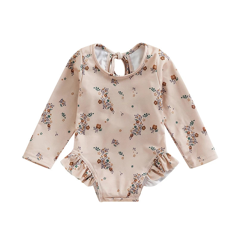 Baby/Toddler Girl Swimsuits Floral Print Long Sleeve Ruffles Jumpsuit Swimwear Beachwear Bathing Suits