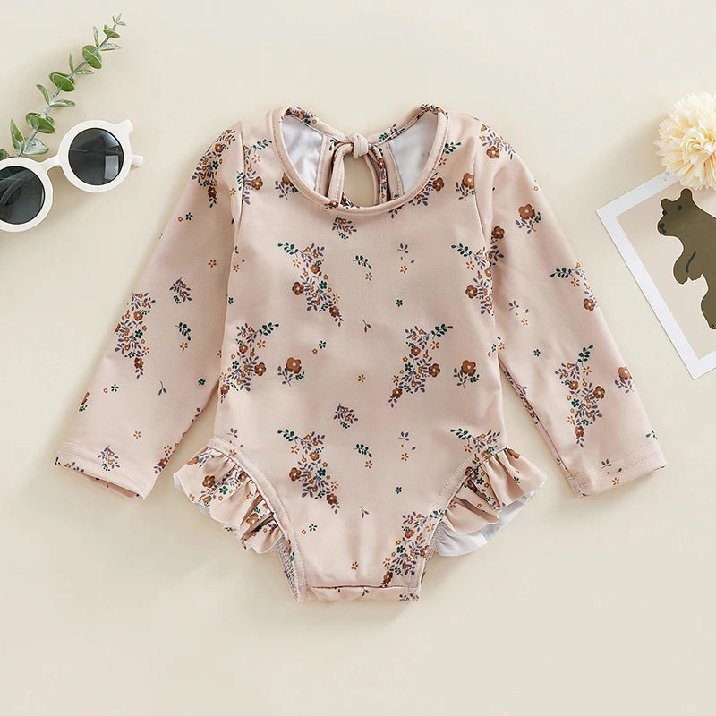Baby/Toddler Girl Swimsuits Floral Print Long Sleeve Ruffles Jumpsuit Swimwear Beachwear Bathing Suits