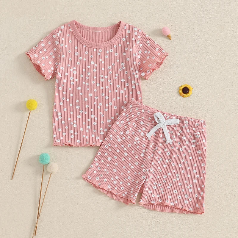 Summer Girls Shorts Set Short Sleeve T-shirt Shorts Floral Outfit Casual Clothes