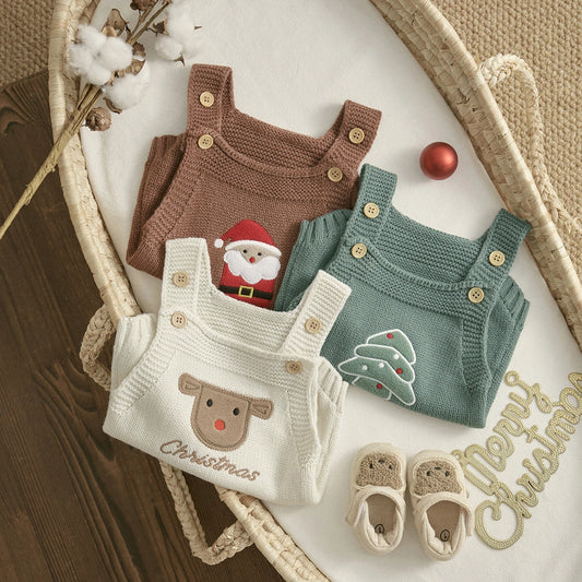 1-18M Christmas Baby Boy Girl Romper Newborn Infant Sleeveless Tree Santa Embroidery Knit Overall Jumpsuit Xmas Costumes