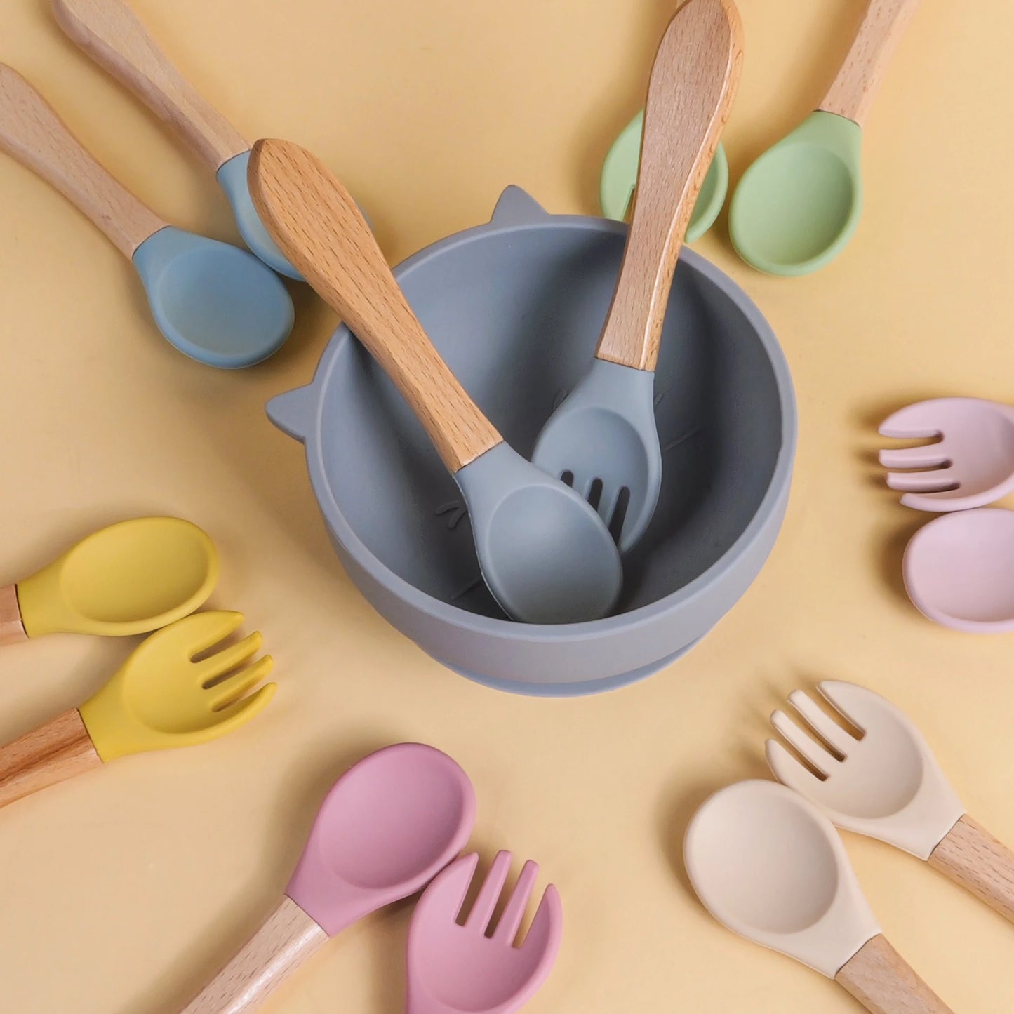 2pcs/set Tableware Baby Spoon Fork Set Children's Silicone Wooden Feeding Training Baby Dinnerware Cutlery Baby Feeding Supplies