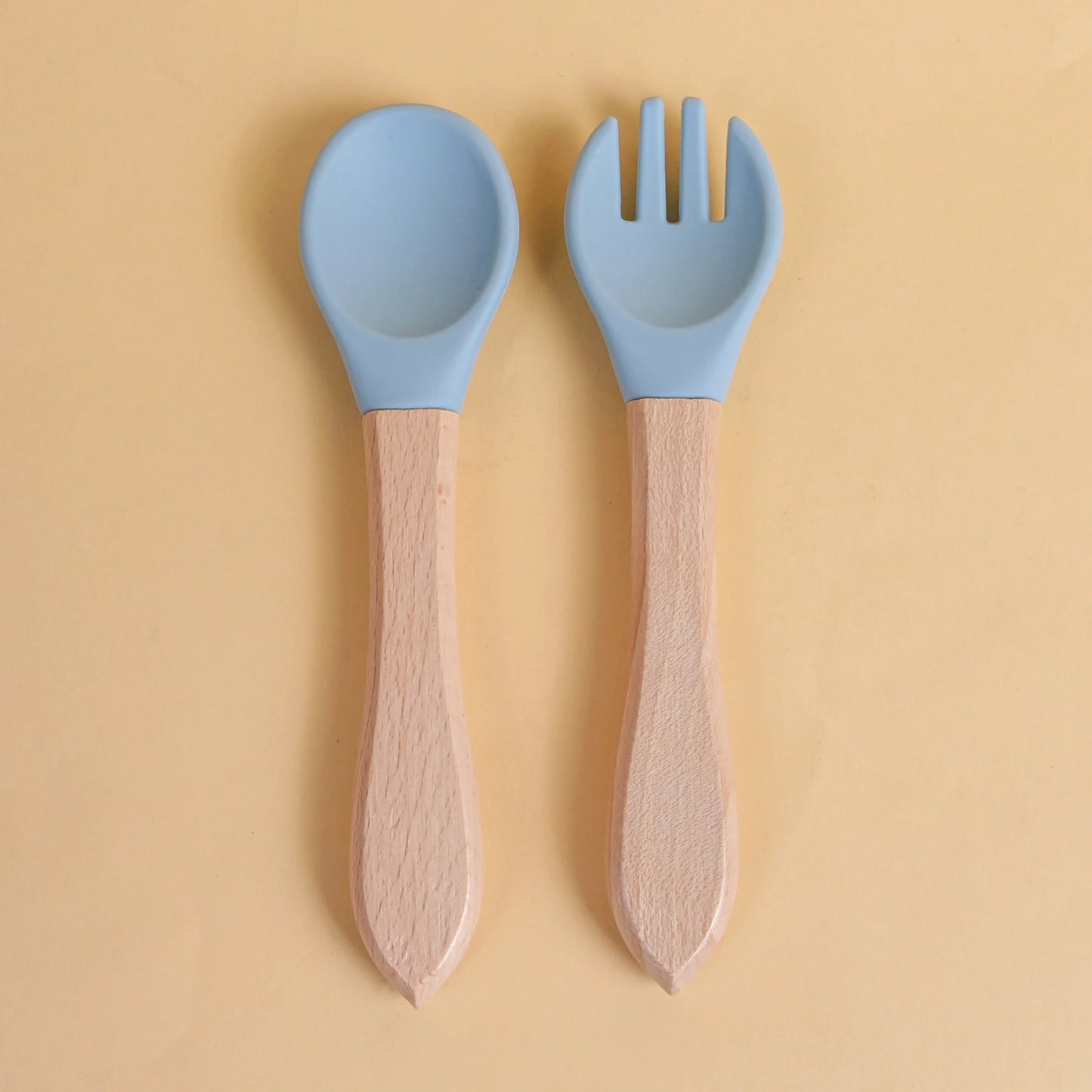 2pcs/set Tableware Baby Spoon Fork Set Children's Silicone Wooden Feeding Training Baby Dinnerware Cutlery Baby Feeding Supplies