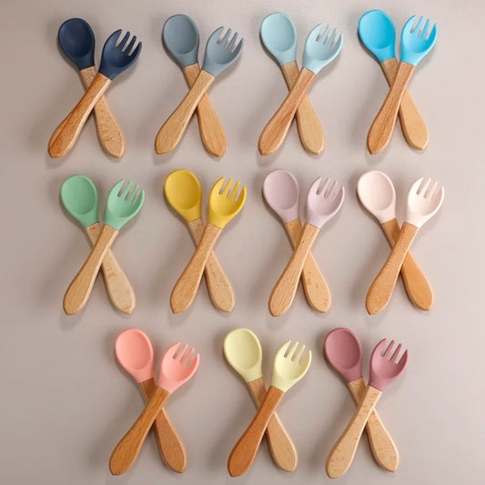 2pcs/set Tableware Baby Spoon Fork Set Children's Silicone Wooden Feeding Training Baby Dinnerware Cutlery Baby Feeding Supplies