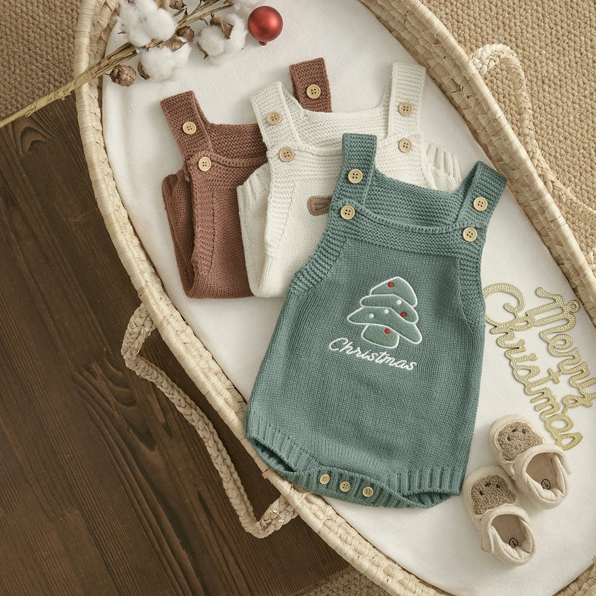 1-18M Christmas Baby Boy Girl Romper Newborn Infant Sleeveless Tree Santa Embroidery Knit Overall Jumpsuit Xmas Costumes