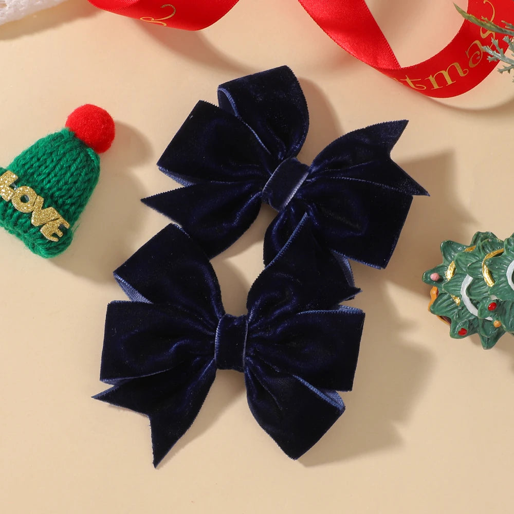 2pcs/set Handmade Velvet Bow Hair Clips for Baby Girls Vintage Christmas Red Green Bowknot Hairpins Barrette Hair Accessories