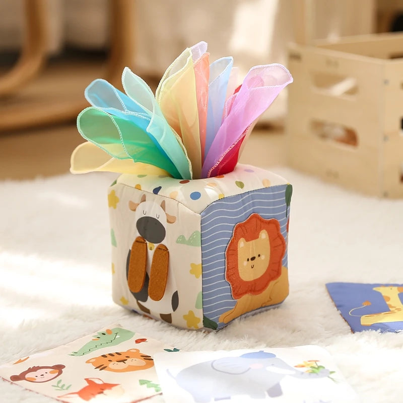 Baby Cotton Tissue Box Montessori Toys Colorful Soft Sensory Toys For Toddler Finger Exercising Pumping Silk Scarf Baby Game