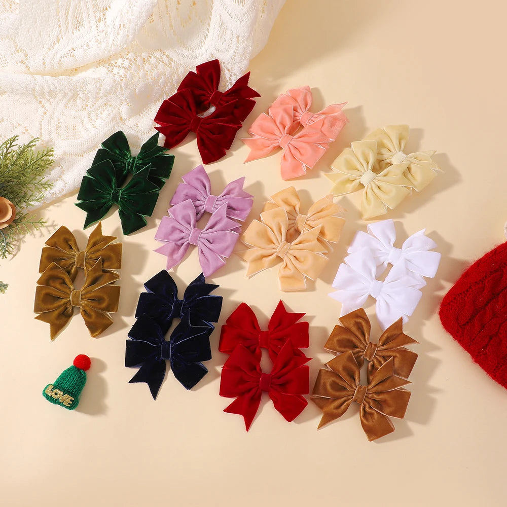 2pcs/set Handmade Velvet Bow Hair Clips for Baby Girls Vintage Christmas Red Green Bowknot Hairpins Barrette Hair Accessories