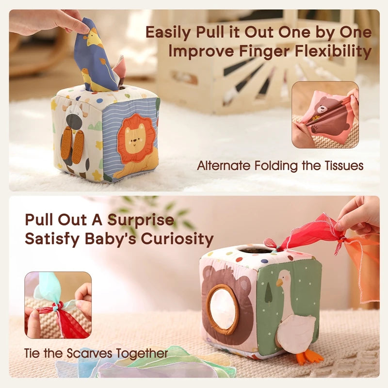Baby Cotton Tissue Box Montessori Toys Colorful Soft Sensory Toys For Toddler Finger Exercising Pumping Silk Scarf Baby Game
