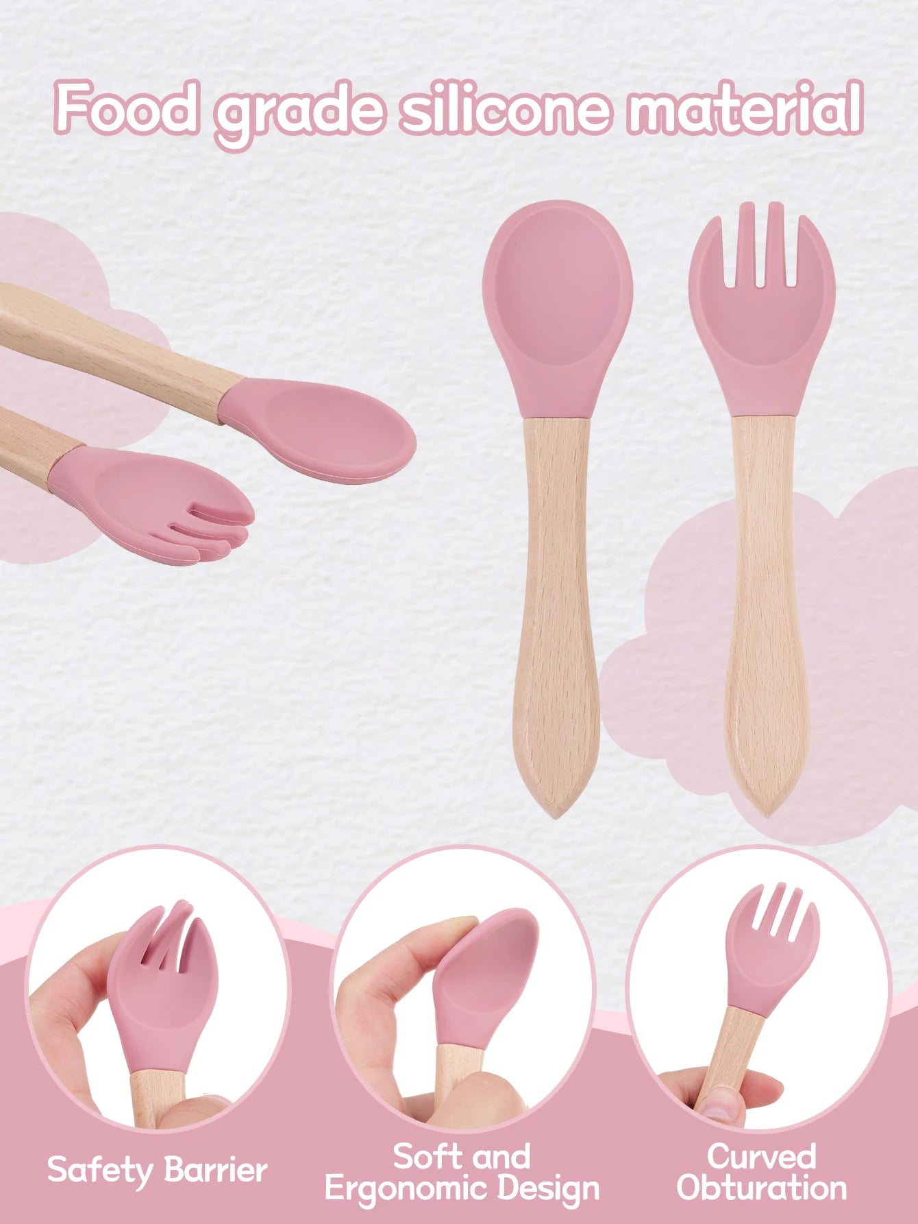 2pcs/set Tableware Baby Spoon Fork Set Children's Silicone Wooden Feeding Training Baby Dinnerware Cutlery Baby Feeding Supplies