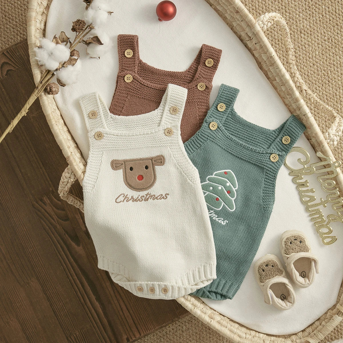 1-18M Christmas Baby Boy Girl Romper Newborn Infant Sleeveless Tree Santa Embroidery Knit Overall Jumpsuit Xmas Costumes
