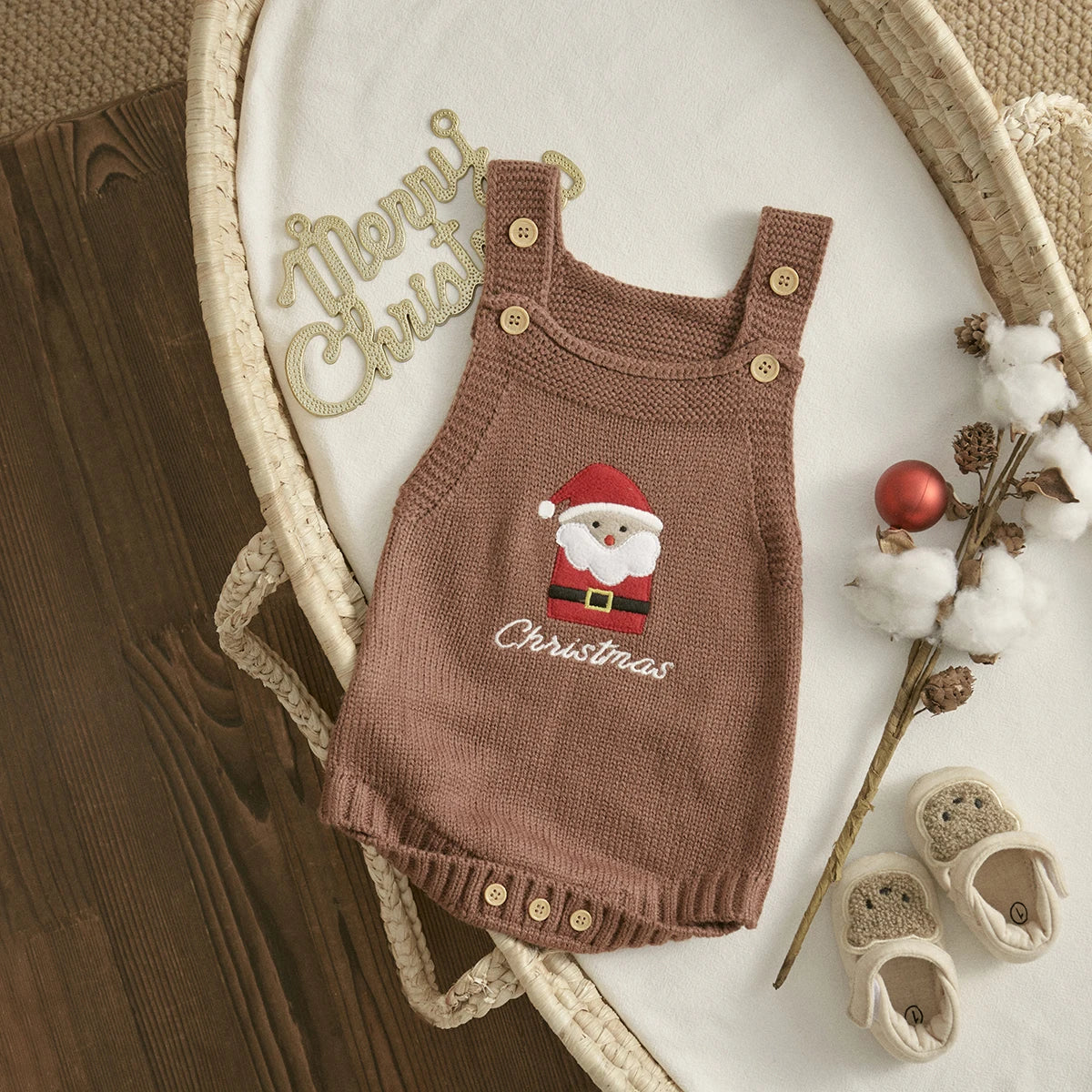 1-18M Christmas Baby Boy Girl Romper Newborn Infant Sleeveless Tree Santa Embroidery Knit Overall Jumpsuit Xmas Costumes