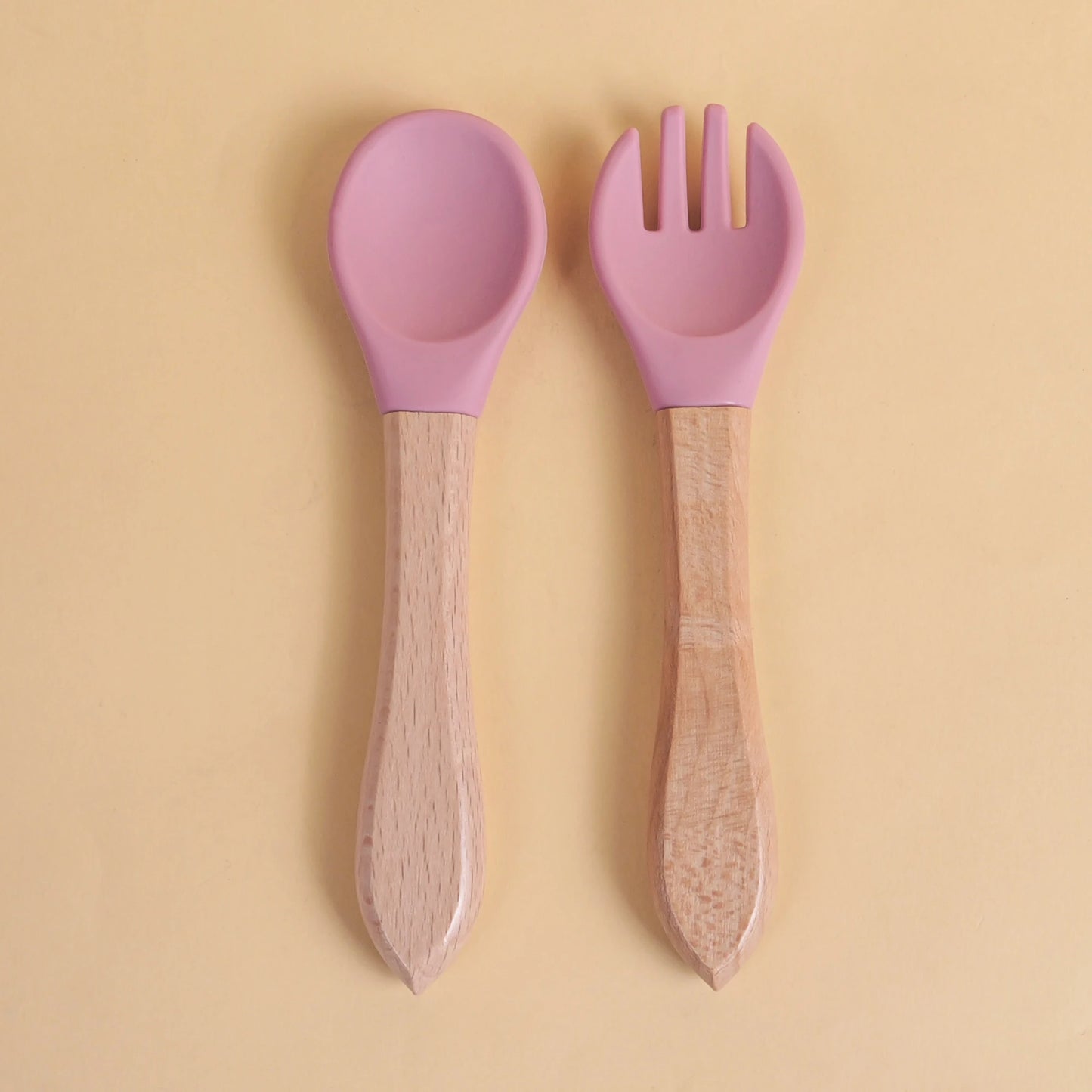 2pcs/set Tableware Baby Spoon Fork Set Children's Silicone Wooden Feeding Training Baby Dinnerware Cutlery Baby Feeding Supplies