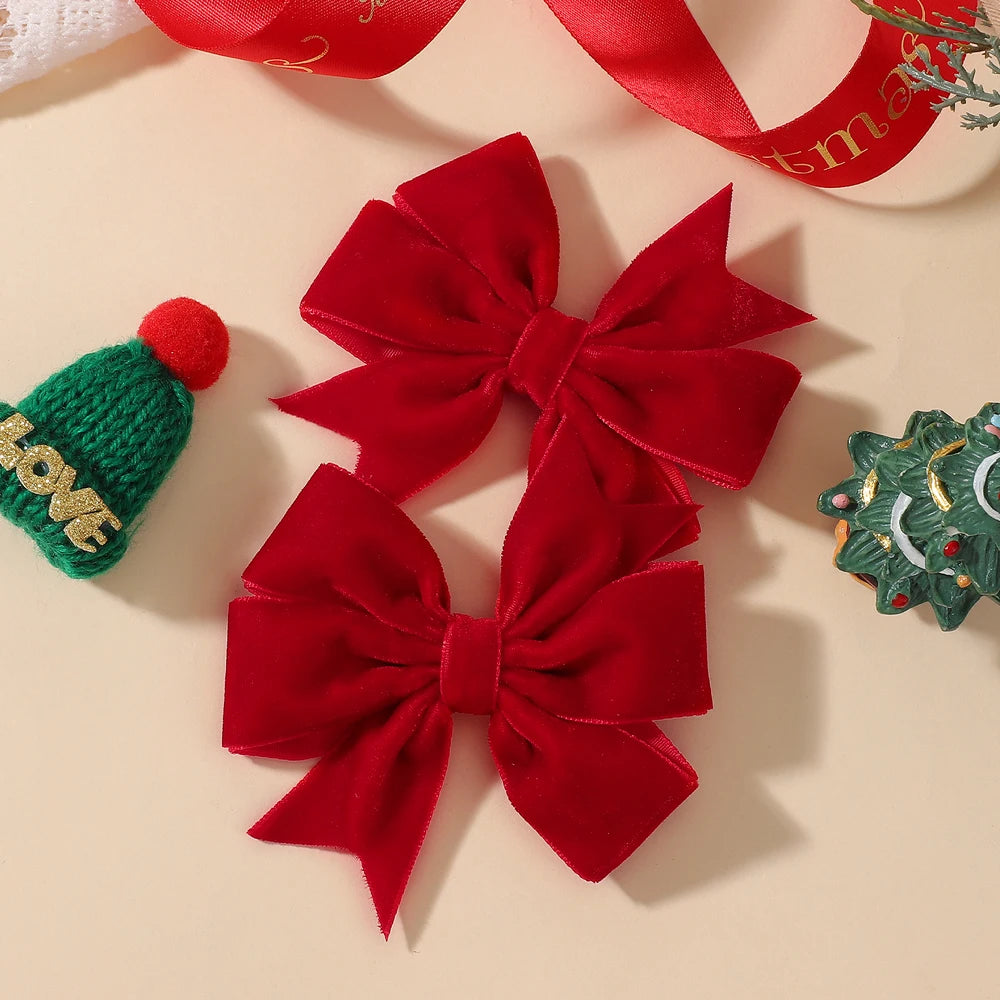 2pcs/set Handmade Velvet Bow Hair Clips for Baby Girls Vintage Christmas Red Green Bowknot Hairpins Barrette Hair Accessories