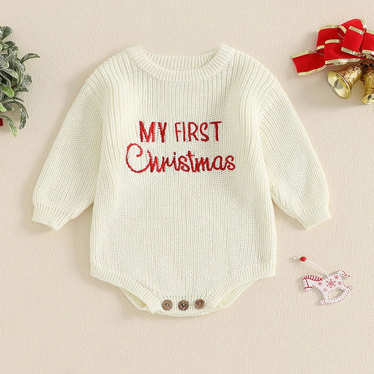 Baby Christmas Sweater Romper Letter Embroidery Long Sleeve Crew Neck Knit Bubble Jumpsuit