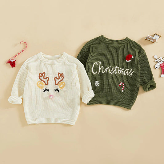Baby Girl Christmas Sweaters Classic Long Sleeve Reindeer/Letter Embroidery Knit Pullover Toddler Tops for 1 to 4 Years