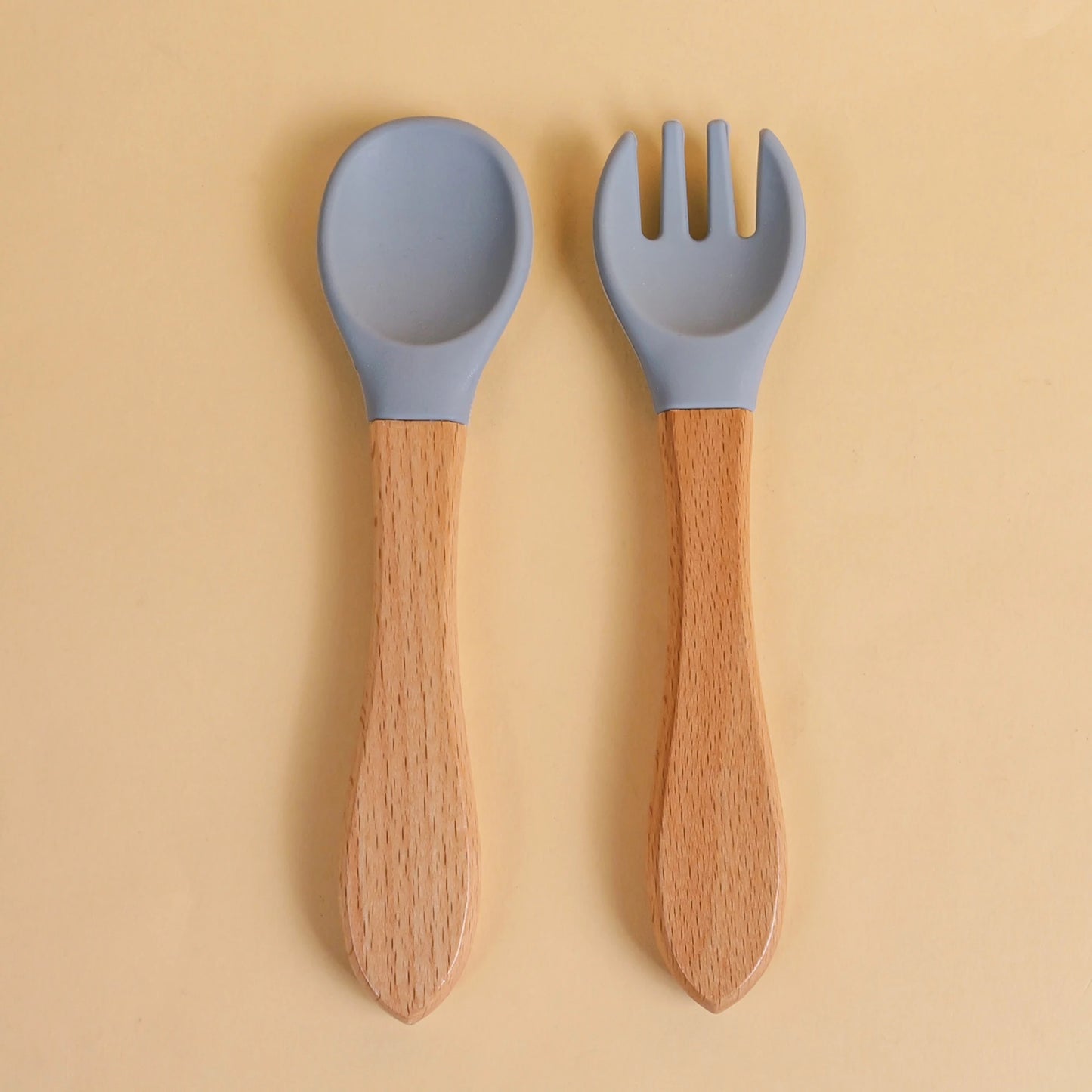 2pcs/set Tableware Baby Spoon Fork Set Children's Silicone Wooden Feeding Training Baby Dinnerware Cutlery Baby Feeding Supplies