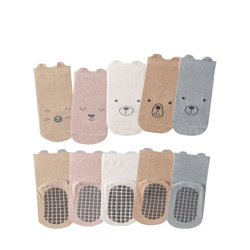 5 Pairs/lot Baby Non Slip Floor Sock 5colored Of Bear Print Infant Girl Cotton Socks Solid Autumn Anti Slip Children's Knee Sock