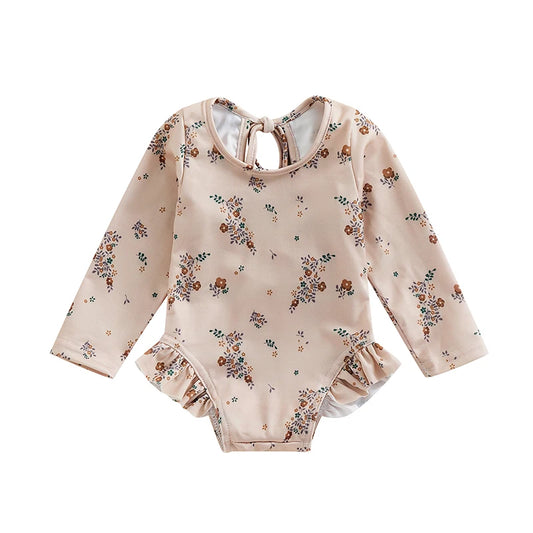 Baby/Toddler Girl Swimsuits Floral Print Long Sleeve Ruffles Jumpsuit Swimwear Beachwear Bathing Suits