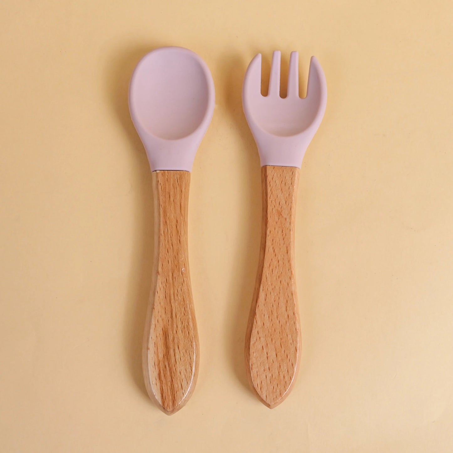 2pcs/set Tableware Baby Spoon Fork Set Children's Silicone Wooden Feeding Training Baby Dinnerware Cutlery Baby Feeding Supplies