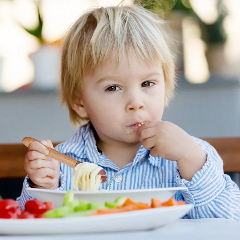 2pcs/set Tableware Baby Spoon Fork Set Children's Silicone Wooden Feeding Training Baby Dinnerware Cutlery Baby Feeding Supplies