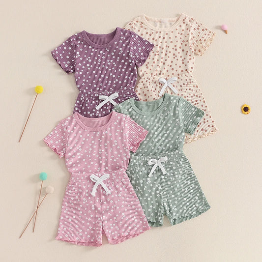 Summer Girls Shorts Set Short Sleeve T-shirt Shorts Floral Outfit Casual Clothes
