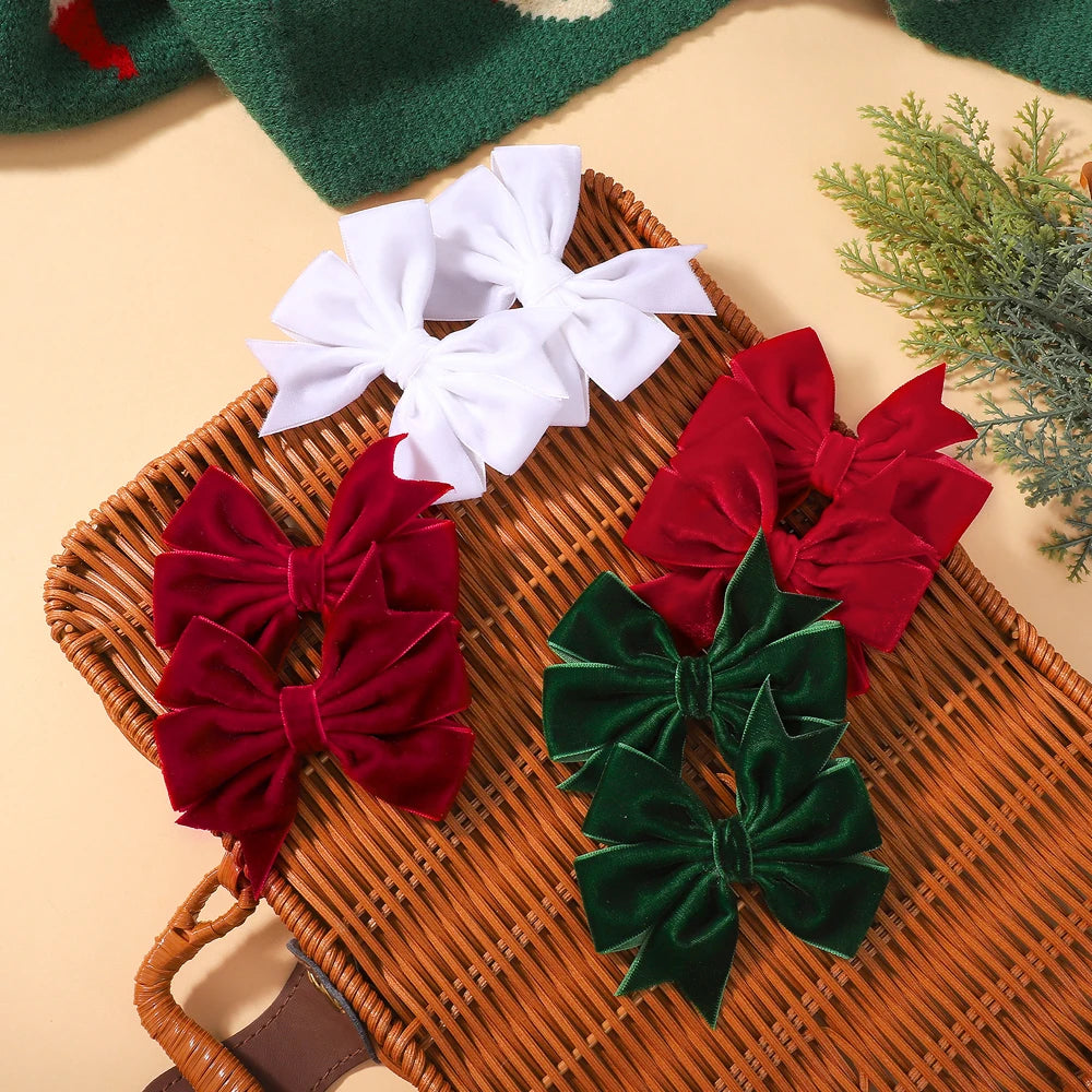 2pcs/set Handmade Velvet Bow Hair Clips for Baby Girls Vintage Christmas Red Green Bowknot Hairpins Barrette Hair Accessories