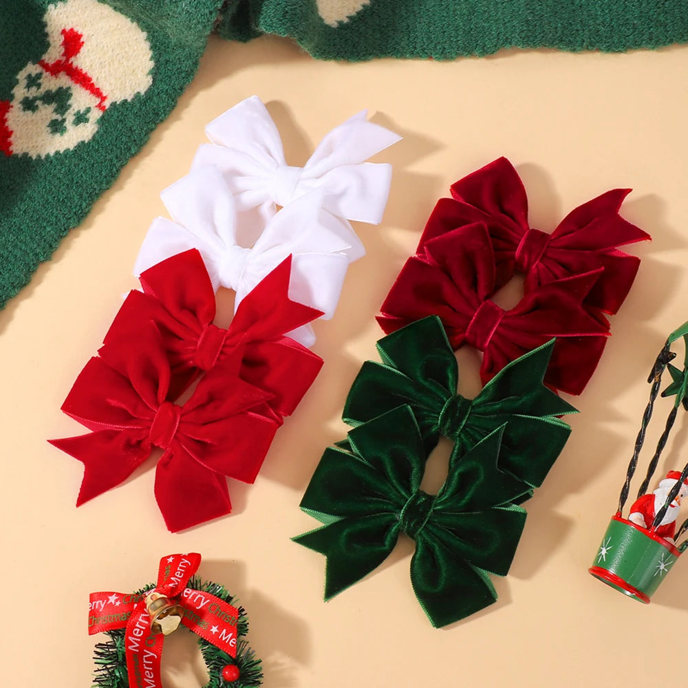 2pcs/set Handmade Velvet Bow Hair Clips for Baby Girls Vintage Christmas Red Green Bowknot Hairpins Barrette Hair Accessories