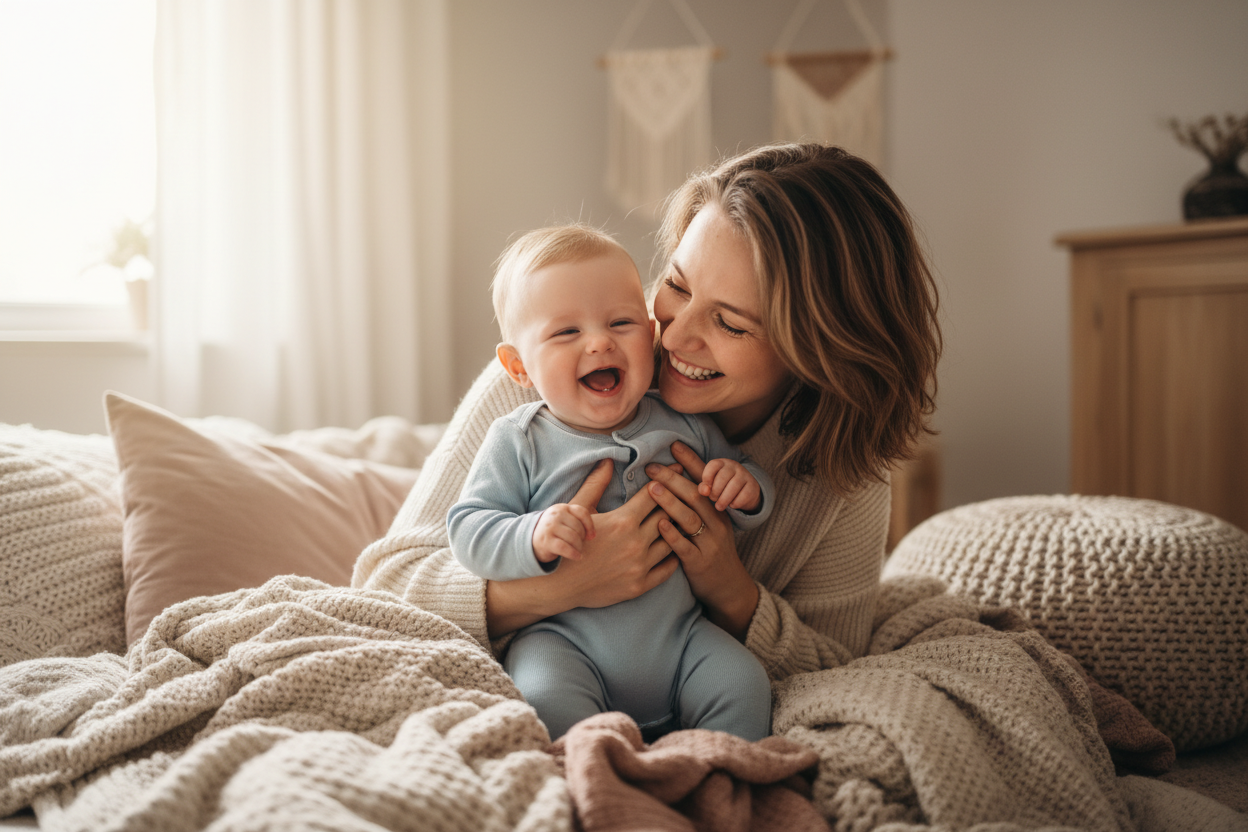 Mother and baby smiling together cozy 